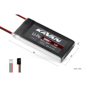  Kavan Lipó 3000mAh 2s (7.4V) 30/60C RX/Vevő Lipo Akkumulátor, Futaba Csatlakozó.