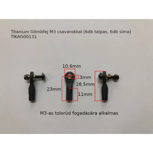 Titanium Gömbcsukló M3 csavarokkal, M3 tolórúd csatlakozóvéggel (6db talpas, 6db sima)
